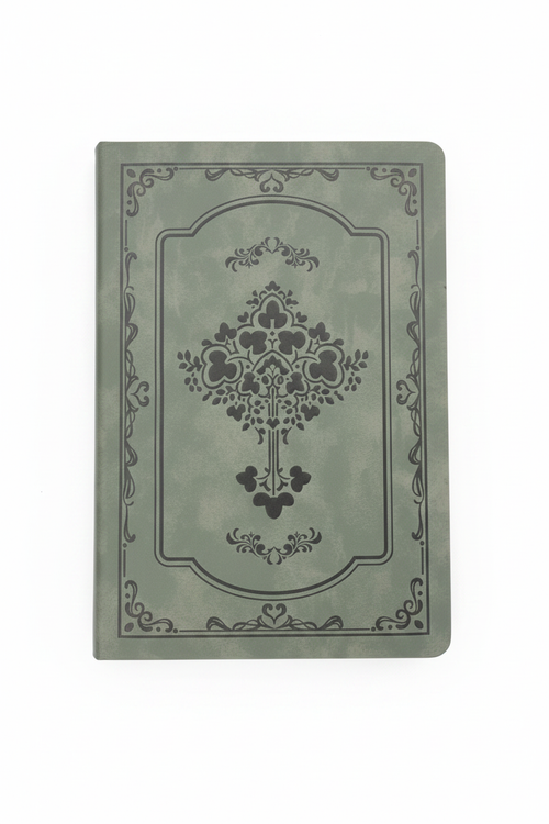 A5 sage green faux leather journal with embossed cover and gilded gold edges